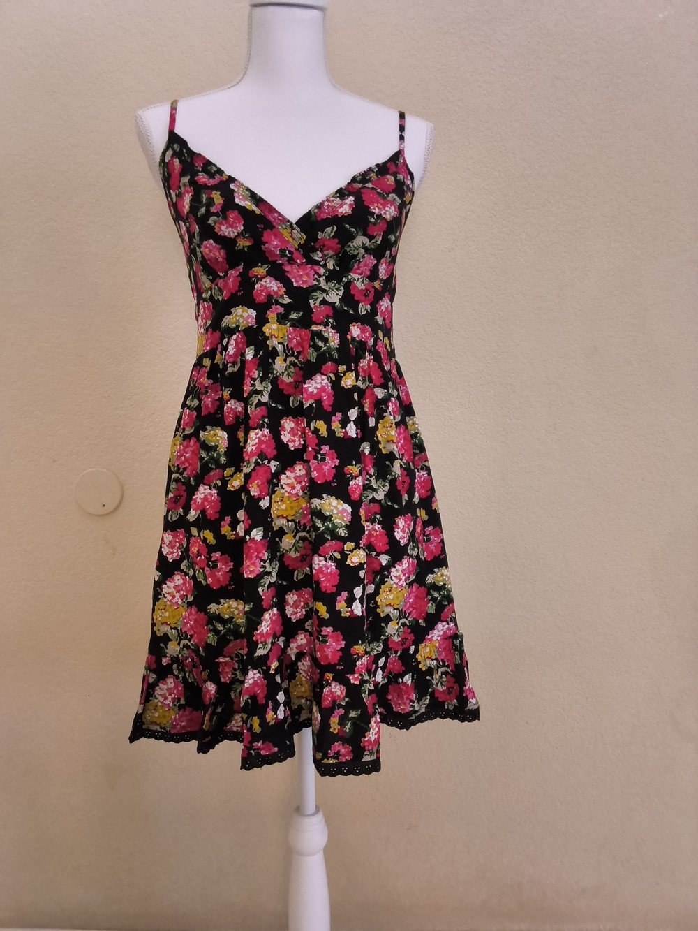 Floral V-Neck Spaghetti-Strap Mini Dress - Black with Pink & Yellow Flowers